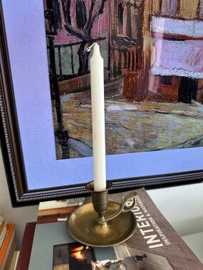 Brass Chamberstick Candle Holder with White Taper Candle